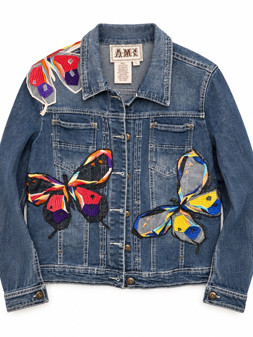 Ami Kids Denim Jacket with Multicolor Butterfly Appliqués